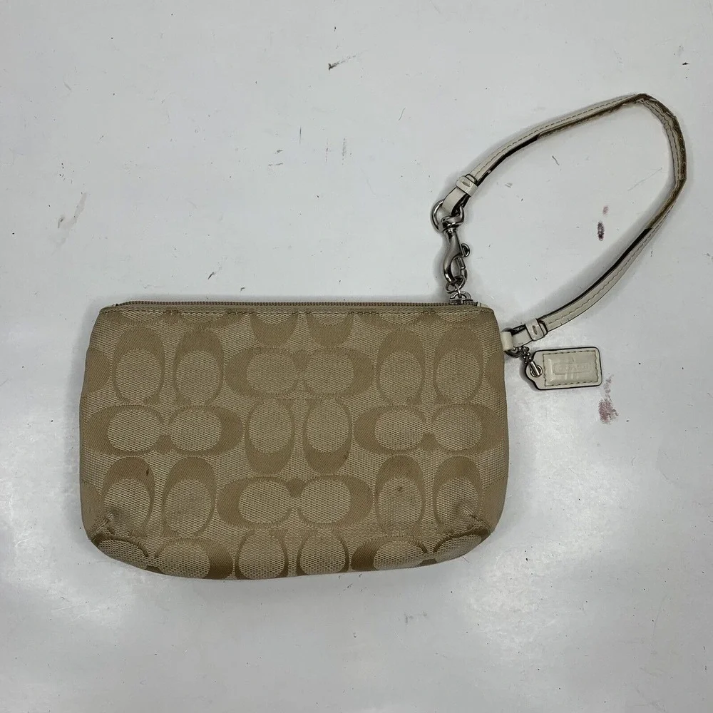 Coach Small Wristlet Signature Jacquard Monogram Khaki Tan White Patent Leather